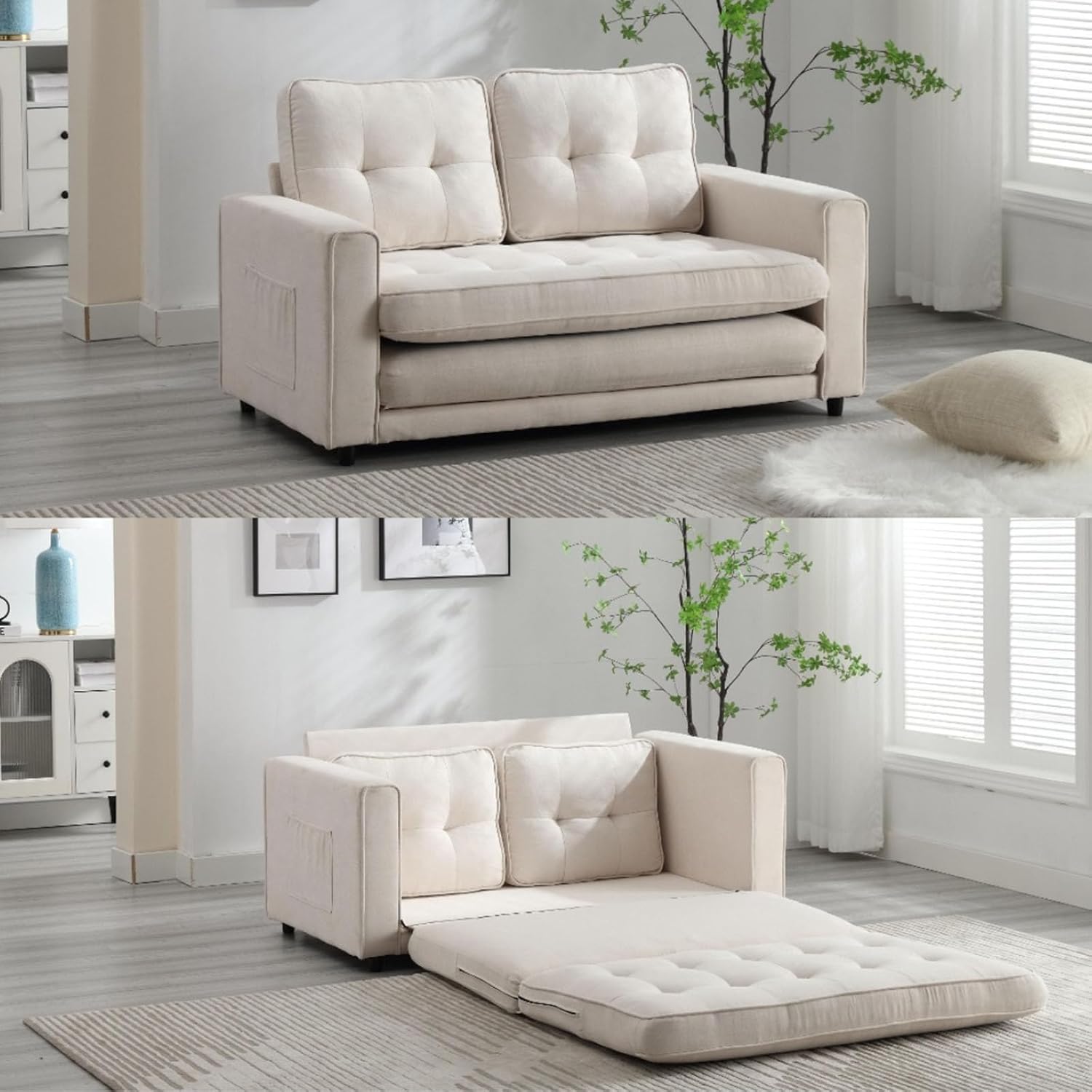 The beige futon sleeper sofa in its compact sofa configuration, placed in a modern living room.