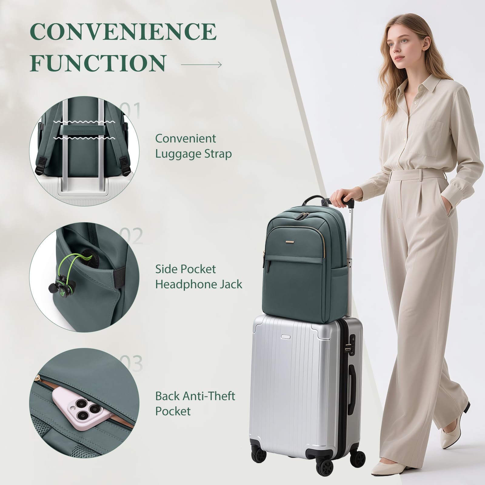 Mochila Para Ordenador Portátil Mujer, Grande Hombre Bolsa de Viaje, Laptop Backpack para Trabajo, Mochila Multicapa para Artículos Personales, 16 Pulgadas,Verde oscuro