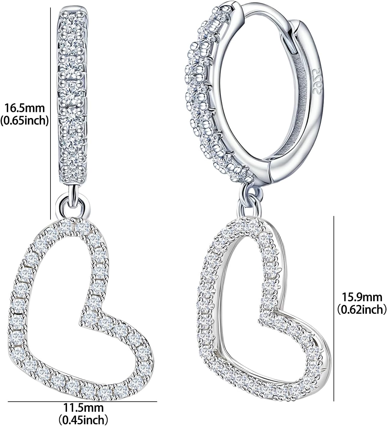 Heart Hoop Earrings for Women - Sterling Silver Double Love Heart-Shaped Earrings for Lady Hypoallergenic Sparkle Cubic Zirconia Loop Earring Classic Jewelry Gifts for Her Wife Mother - Image 6