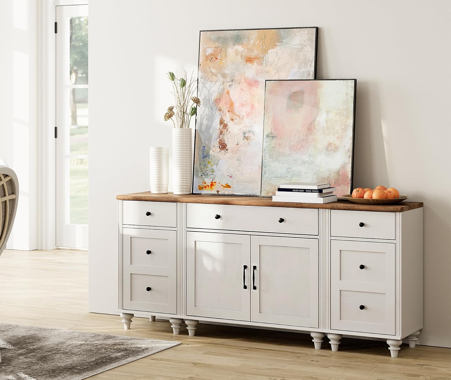 WAMPAT Buffet Cabinet with 3 Drawers, Large Coffee Bar Table, Wood Kitchen Storage Cabinets with 4 Doors, 3-in-1 Farmhouse Sideboard Credenza with Charging Station for Dining Room, White, 67"