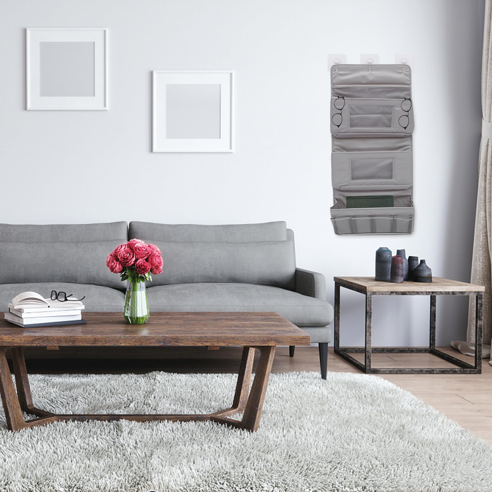 Borsa Portaoggetti di Grande Capacità da Appendere alla Porta con 2 Ganci Antiforatura, Custodia Multiuso Grigio per Camera da Letto, Bagno e Cucina, Organizer Salvaspazio
