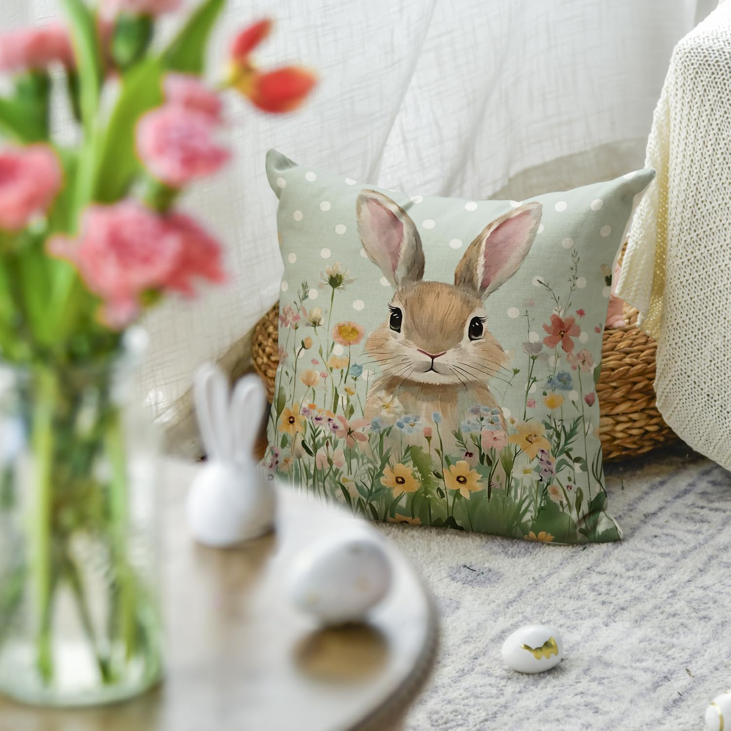 AVOIN colorlife Easter Bunny Wildflowers Throw Pillow Covers, 18x 18 Inch Polka Dot Cushion Case Decoration for Sofa Couch Set of 2 image 5