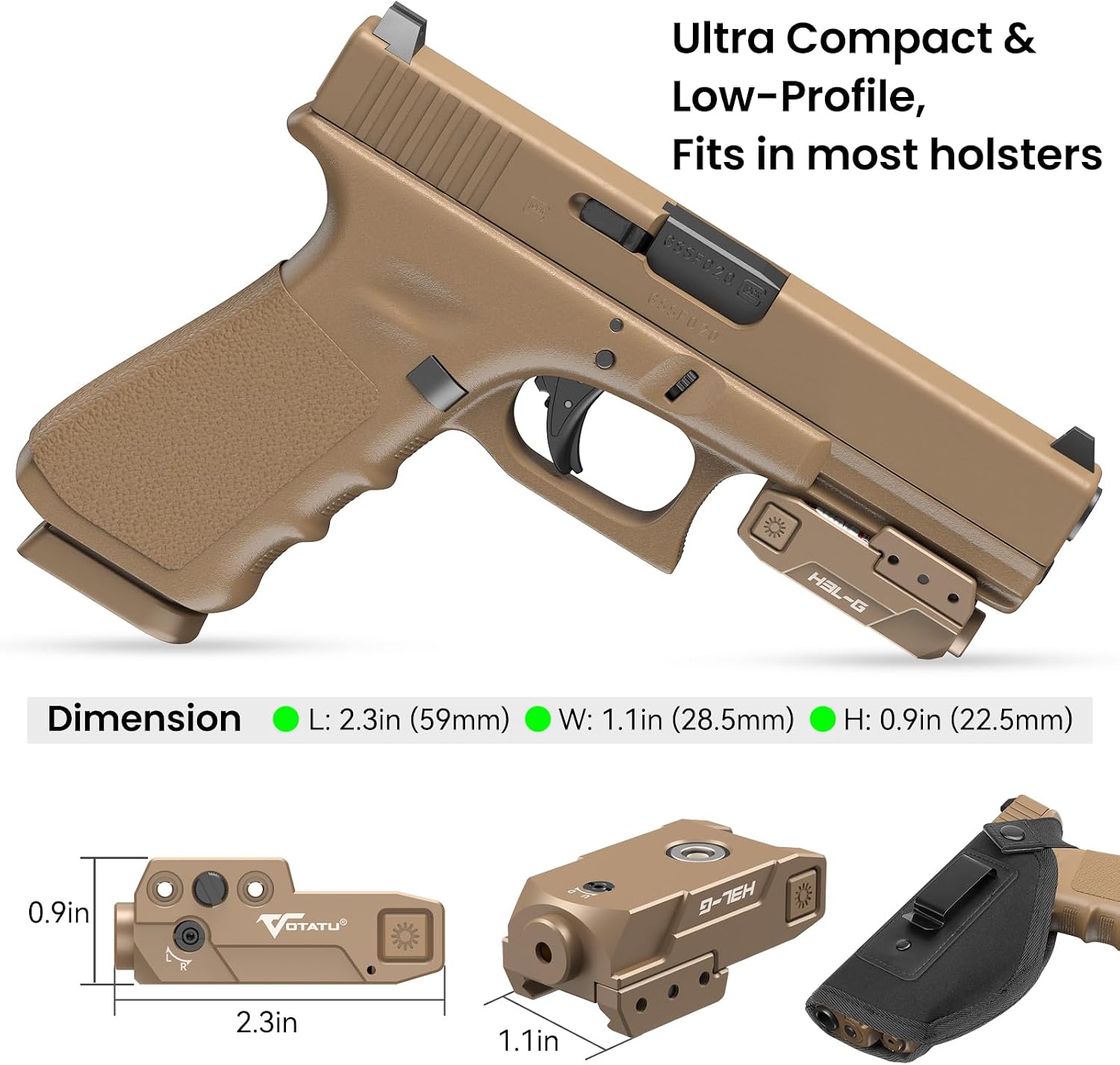 Votatu H3L-G Green Laser Sight, Aluminum Ultra Low Profile Picatinny Mount Green Dot Sight, Strobe Mode Available, Magnetic USB Rechargeable and Ambidextrous Control
