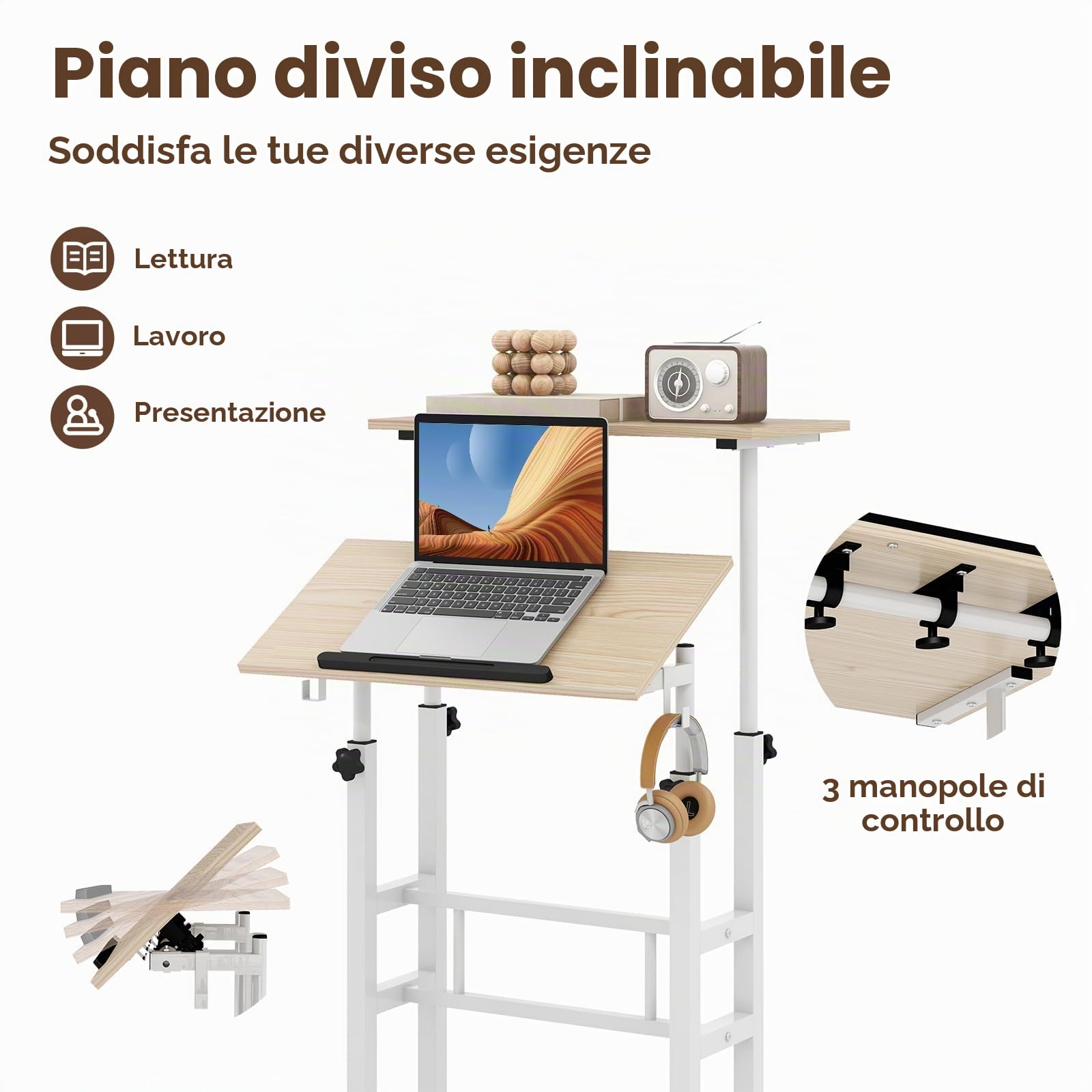 LIFEZEAL Scrivania Sit-Stand con Ruote, Scrivania Mobile per Computer con Ripiani, Tavolo da Studio con Struttura in Acciaio Regolabile in Altezza, per Ufficio, Camera da Letto e Soggiorno (naturale)