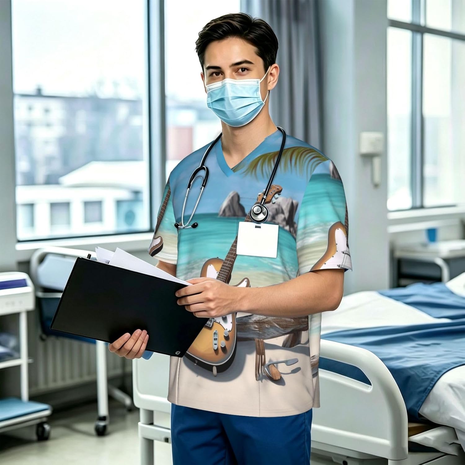 Professional Scrub Tops for Men, Classic V-Neck Workwear with 3 Pockets