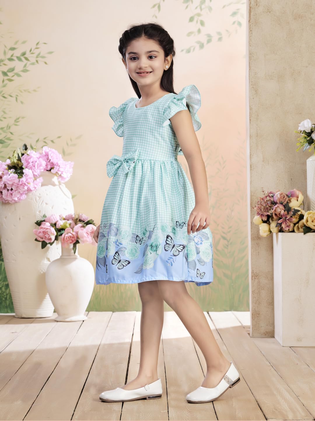 Aarika Vestido de algodón con estampado de cuadros de color verde para niñas