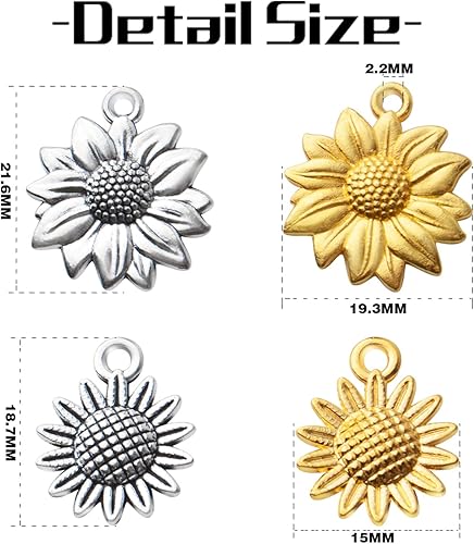 Miniatura 10 de BronaGrand 60 dijes de girasol chapados en oro, de aleación, encantadores colgantes de cuentas de flores, dijes para bricolaje, collares, pulseras,