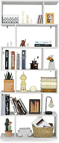 Augester - Estantería de 6 niveles, estantería de madera en forma de S con dispositivo anti-caída, estante de exhibición independiente para sala de