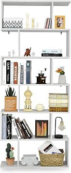 Geometric Bookshelf, 6-Tier S-Shaped Bookcase with Abstract Freestanding Decorative Display Open Shelves, Modern Wood Book Shelf for Bedroom, Living Room, Office 1, White