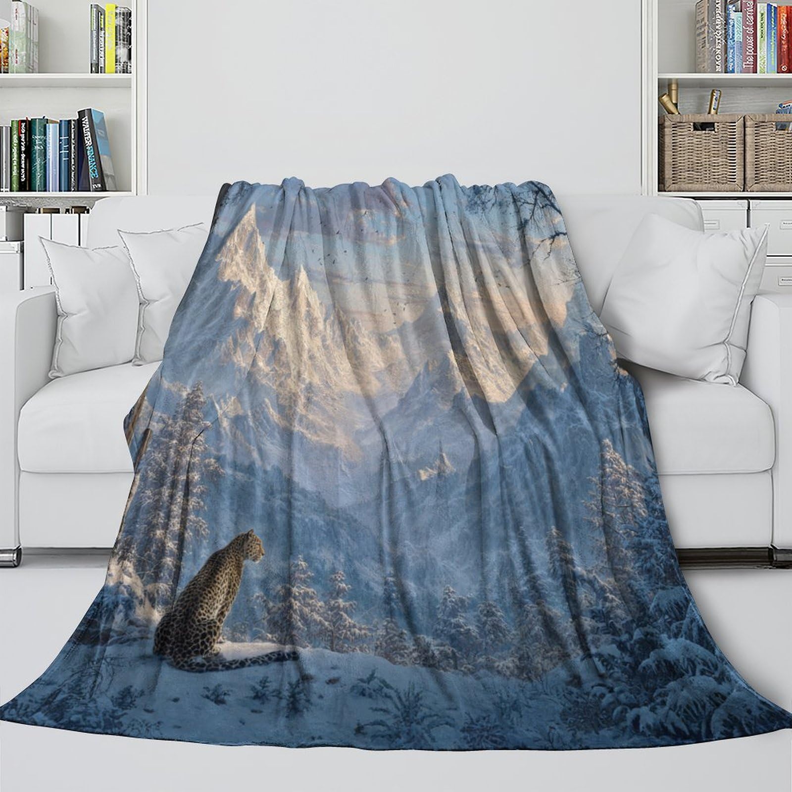 Leopardoo in The Snow Looking at The Mountains Manta Estampada 3D Colcha De Diseño Ropa De Cama De Microfibra Suave Y Cálida Sofá Ropa De Cama 80x90inch(200x230cm)