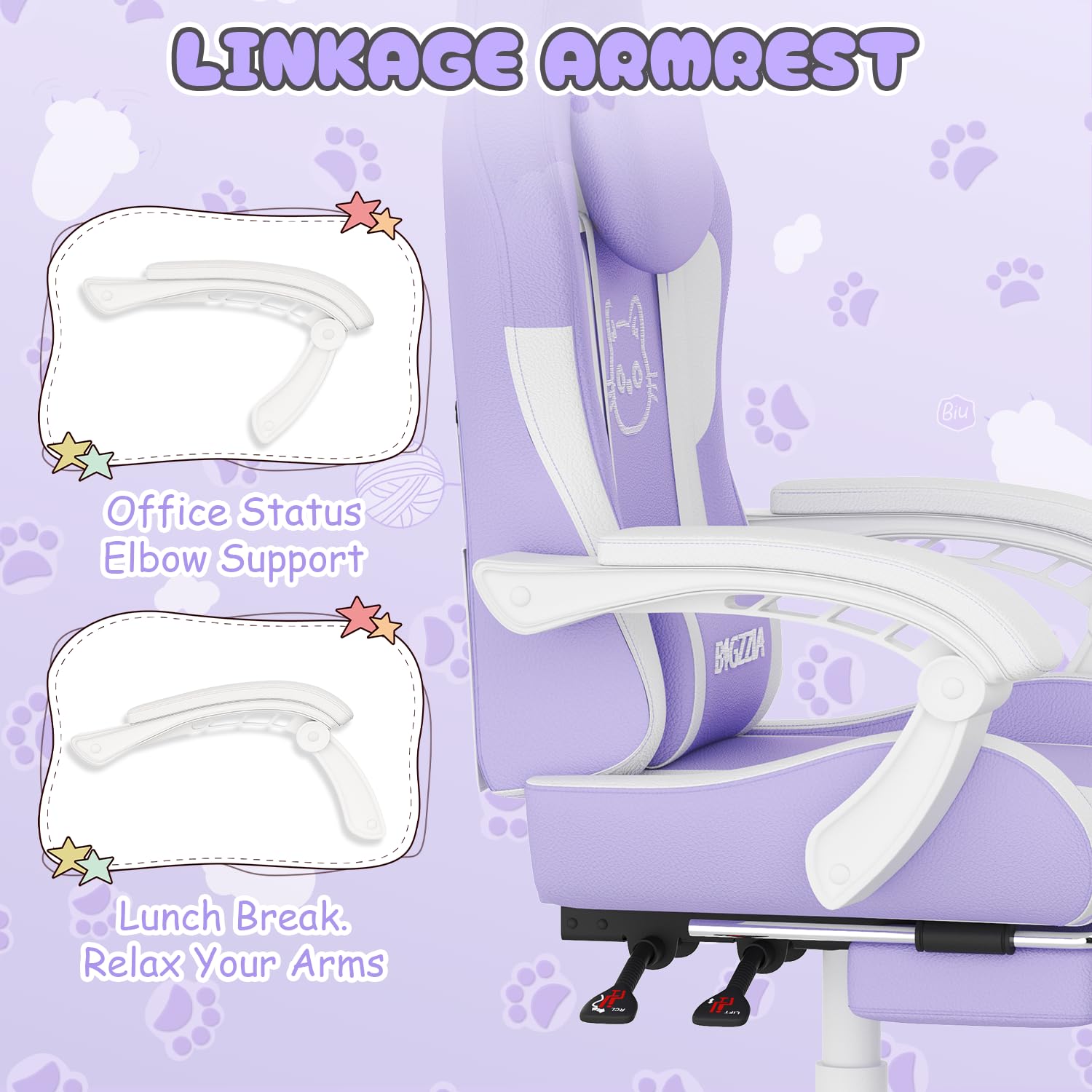 bigzzia Chaise de Gaming Ergonomique avec Oreilles de Chat pour Filles et Adultes, Chaise de Jeu d'ordinateur réglable en Hauteur avec Appui-tête et Support Lombaire de Massage (Violet et Blanc)