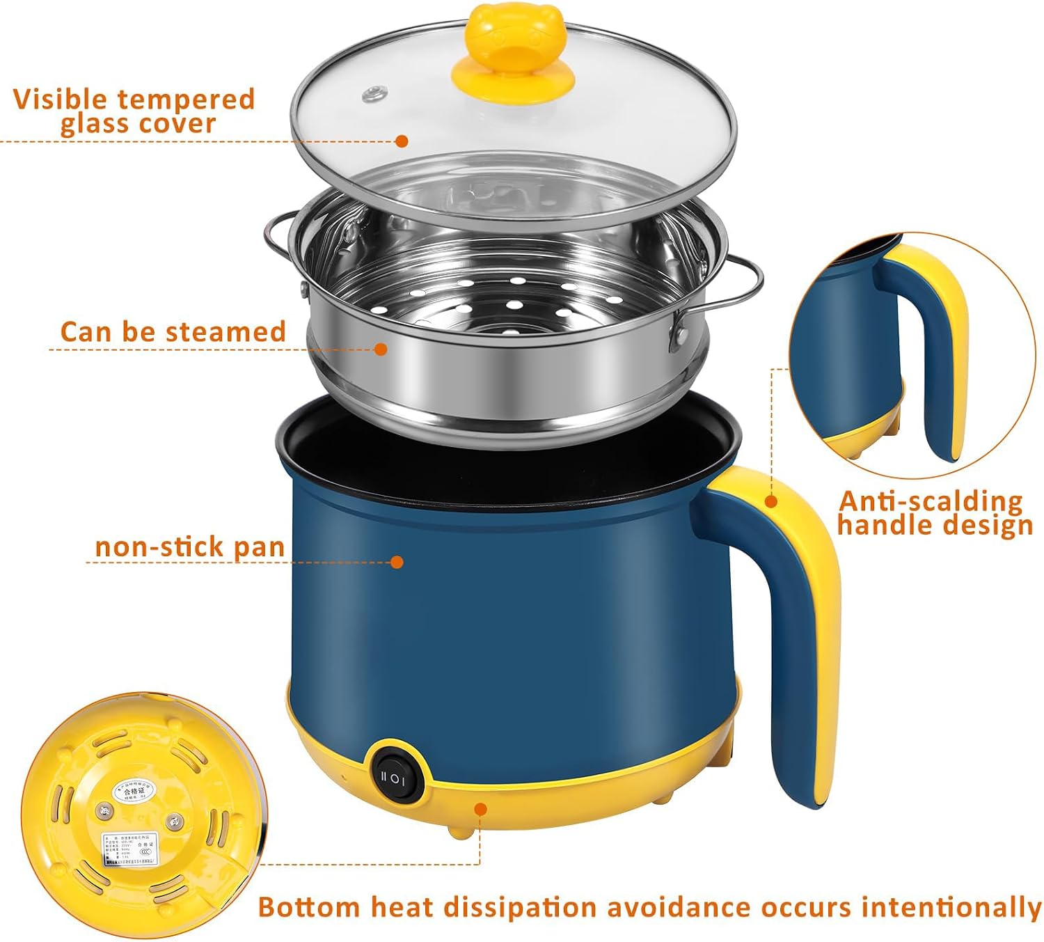 Electric Hot Pot 1.8L Mini Electric Cooking Pot with Steam Rack & Handle, 2 Gear Non-Stick Skillet Cooker Dry Protection Heating Boil Rapid Ramen Noodles Cooker