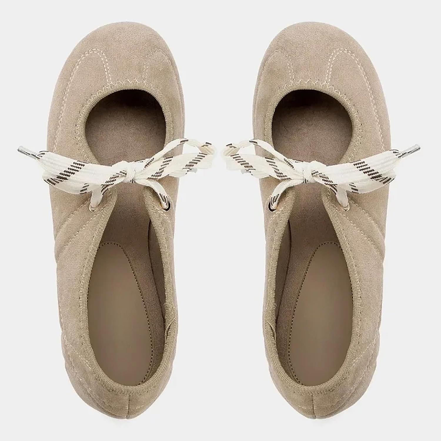 VERISSON Women's Lace up Faux Suede Ballet Flats Cute Round Toe Fastening Ballerina Shoes Casual Tan
