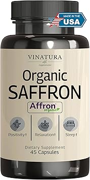 VINATURA Organic Saffron Supplement, 28mg - Pure Affron Saffron Extract Capsules, 45 Veggie Capsules
