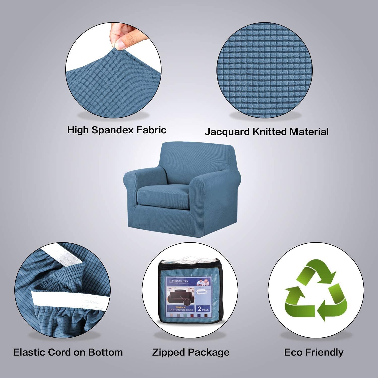 H.VERSAILTEX 2 Piece Sofa Cover for Armchair 32"-48" Bundle Square Ottoman Covers Ottoman Slipcovers, Dusty Blue
