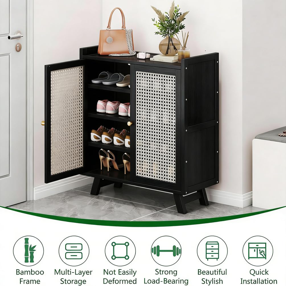 Meuble de Rangement à Chaussures Armoire D'entrée étroite Buffet Haut en Rotin étagère à Chaussures en Bambou Grand Meuble à Chaussures Autoportant