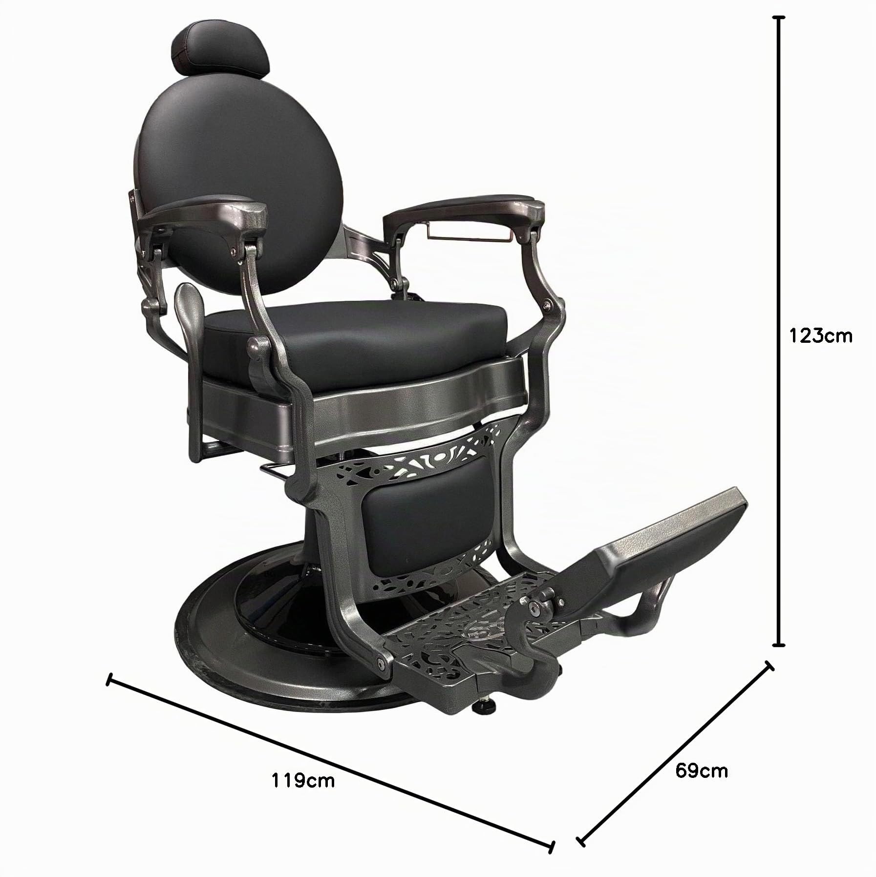 Sillón de barbero Lyon en Color Negro con chasis Gris. Silla de barbería reclinable con Cabezal Extraible. Base Redonda con Bomba hidráulica Ajustable en Altura, rotación y Freno.