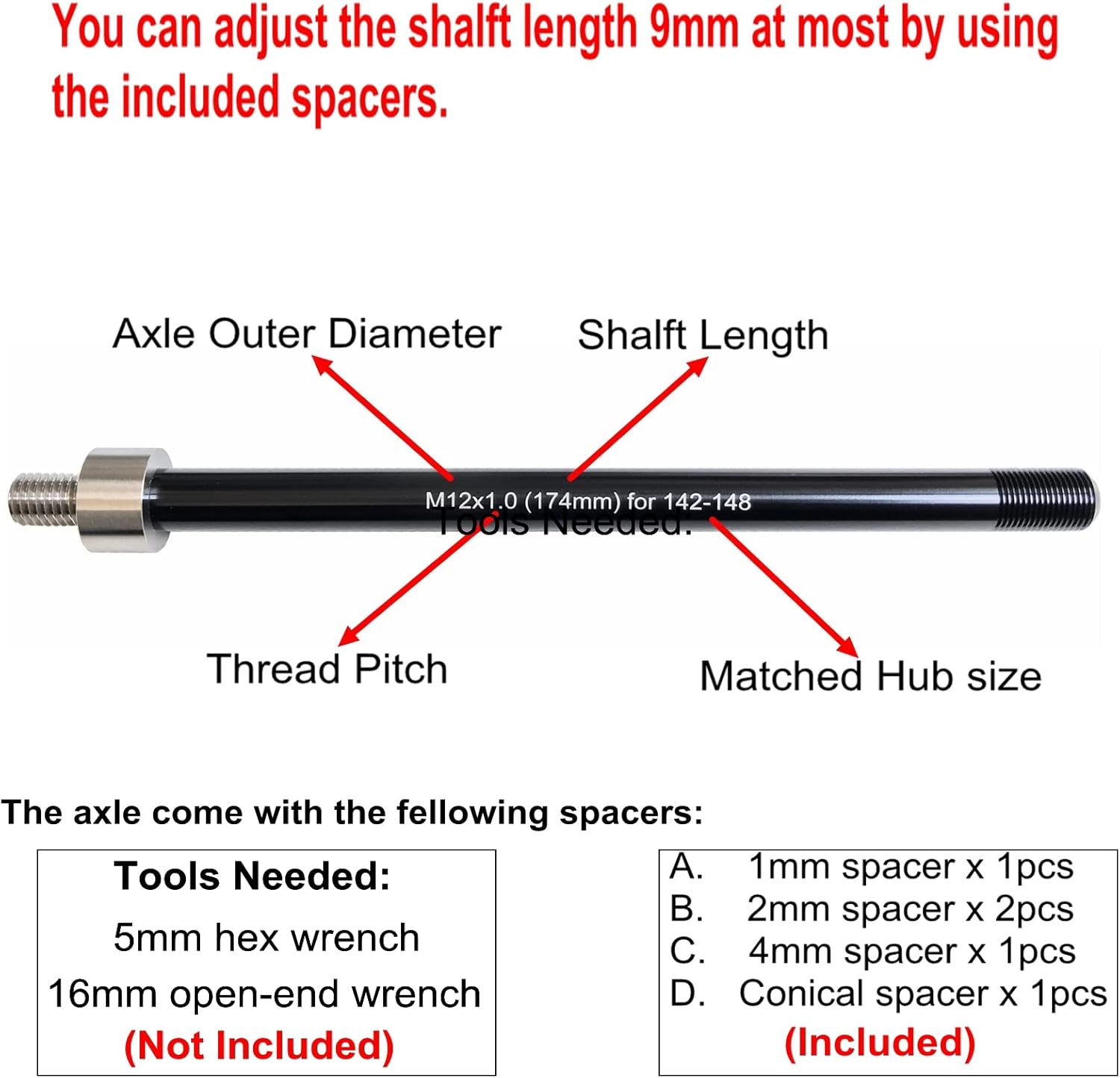 Bicycle Trailer Hitch Adapter, 12mm Thru Axle, 167-185mm Shaft Length, Black, Alloy Steel, Adult Cyclists with Bicycle Trailers and Thru Axle Bikes