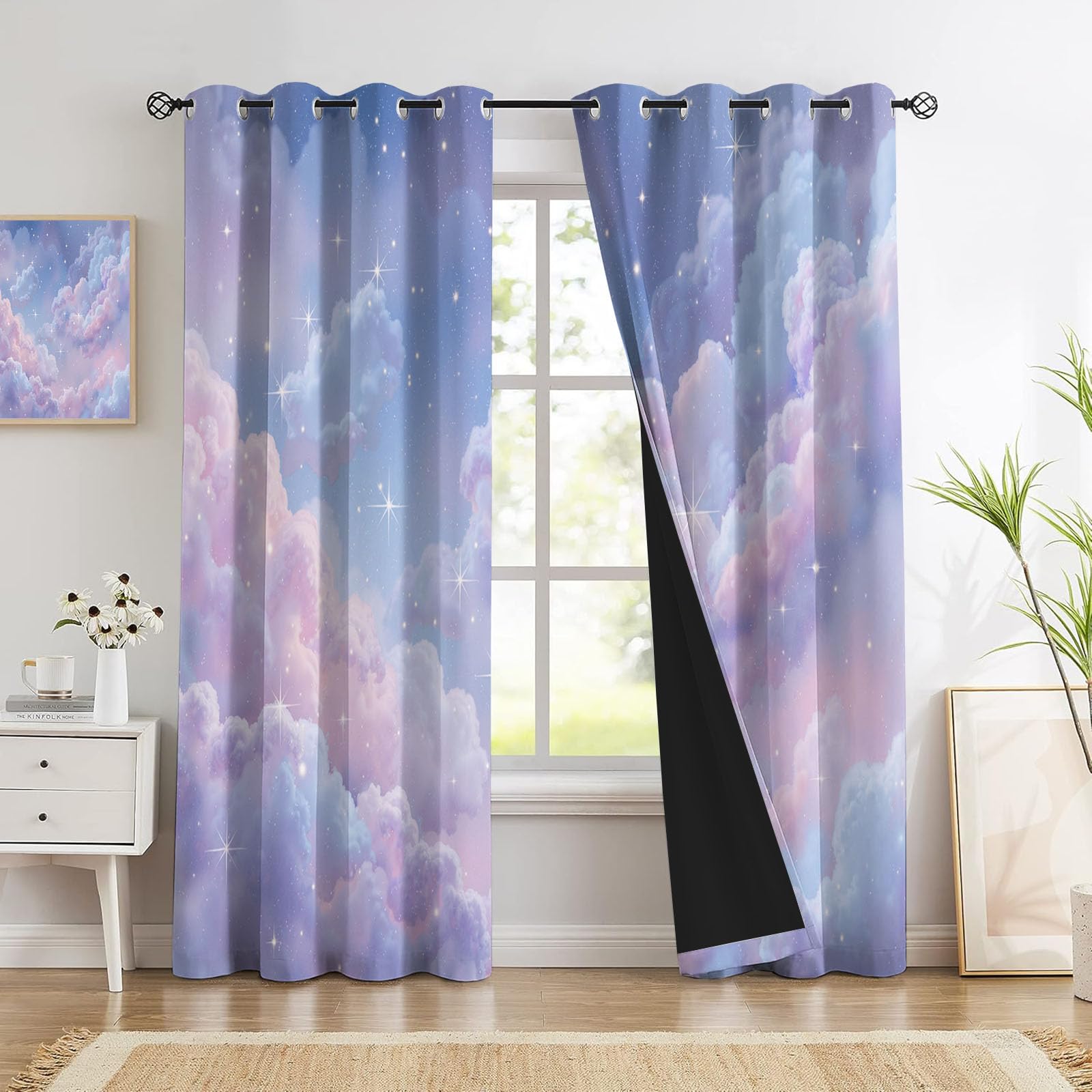 Style Aquarelle Rideau Occultant,Étoiles Et Nuages Rideaux Thermiques À Oeillets, Rose-Violet Rideaux Imprimé pour Salon Chambre Fenetre Décoration - L140×H260Cm (2 Panneaux)