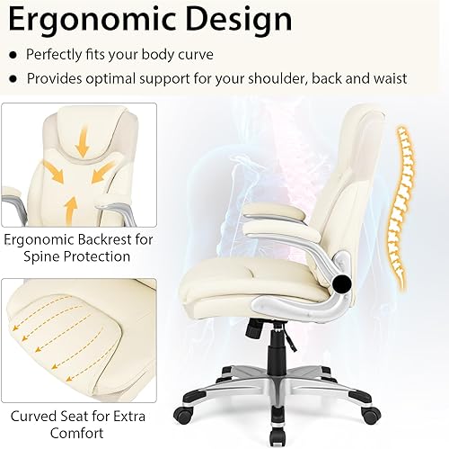 Miniatura 5 de COSTWAY Silla de oficina ejecutiva, silla ergonómica de piel sintética para computadora con reposabrazos abatibles y soporte lumbar, silla de tareas