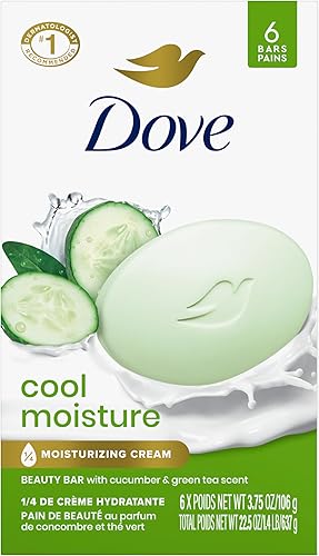 Dove Beauty Bar Soap Cool Moisture Cucumber & Green Tea Scent, 6 Bars for Refreshed Skin, Leaves Skin Refreshed 3.75 oz