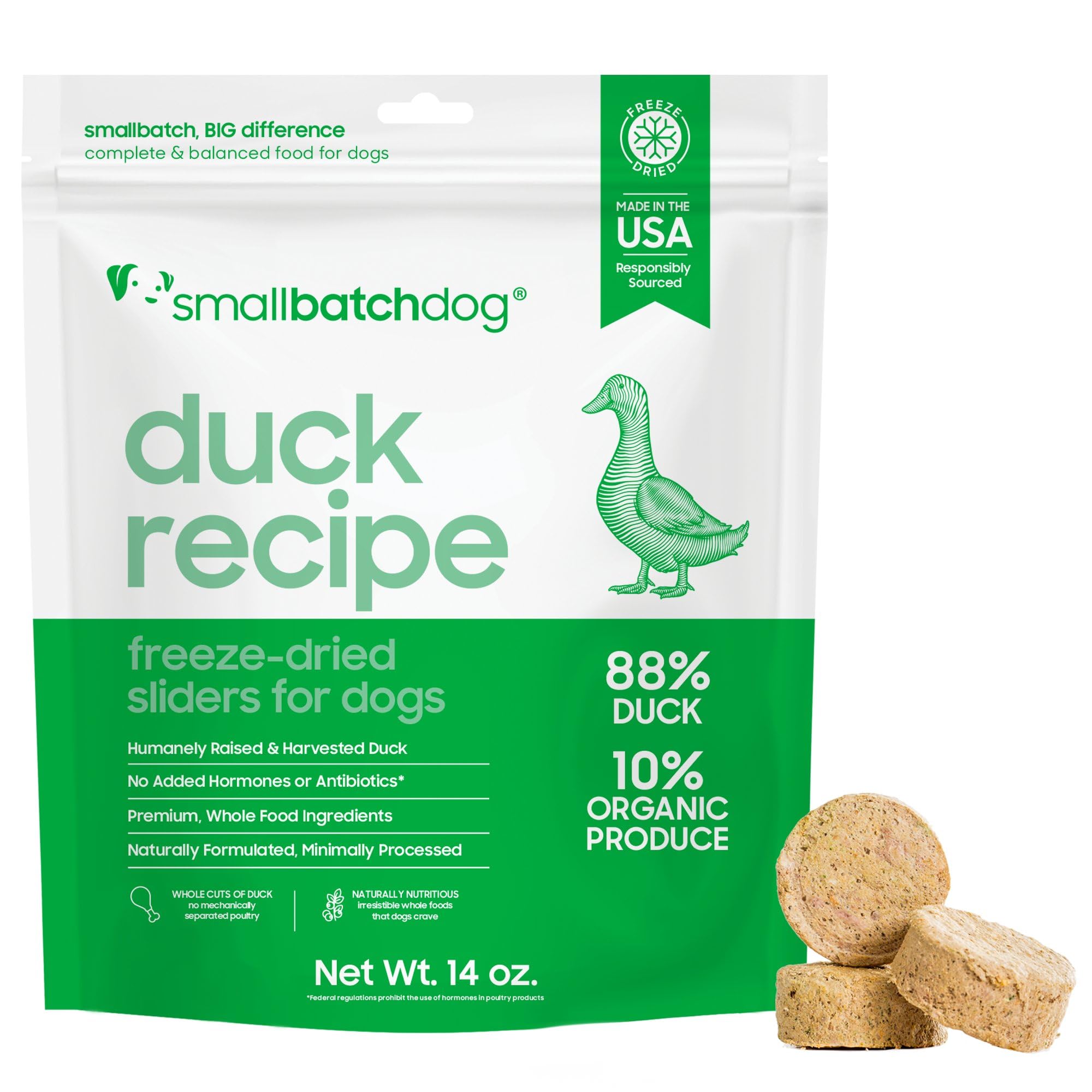 smallbatch Pets Freeze Dried Raw Dog Food, Duck Recipe, 14 oz, Organic High Protein Dog Food, Grain Free, Made in the USA, Humanely Raised Meat, Single Protein, for Picky Eaters, Hydrate & Serve