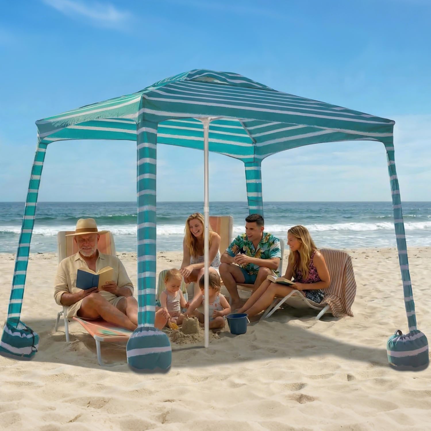 AMMSUN Portable Beach Cabana, 8'×8' Beach Canopy, Easy Set up and Take Down, UPF50+ Cabana Tent with Sand Pockets Anchors and Side Side Walls Wind Resistant Cabana Beach Tent for Whole Family