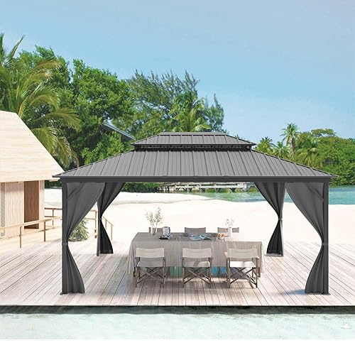 12x16FT Gazebo Hardtop Double Roof Canopy with Netting and Curtains,Outdoor
