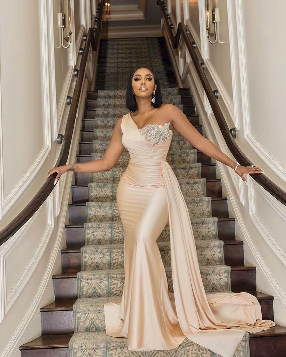 Mermaid Bridesmaid Dresses for Women One Shoulder Prom Dress Ruched Satin Beaded Formal Evening Gown with Train