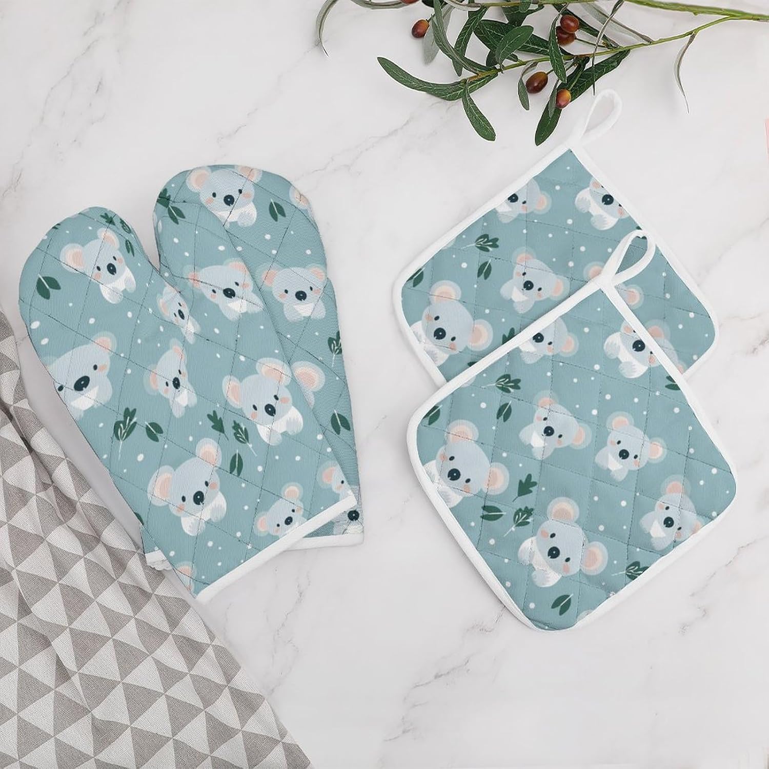 Cute Koala 4 Pcs Oven Mitts and Pot Holders Set High Heat Resistant Long Kitchen Oven Glove Potholders