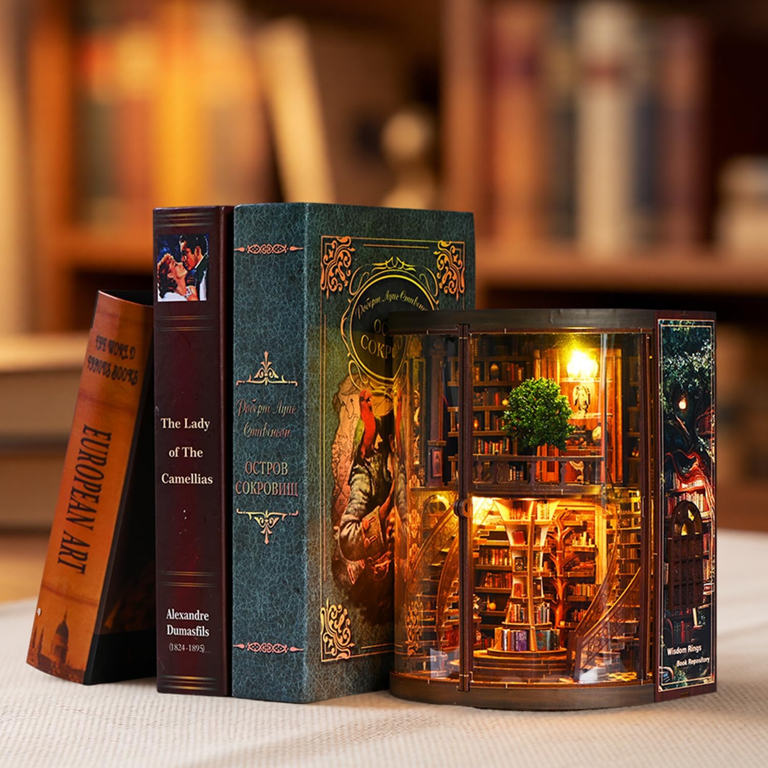 Book Nook Kit for Adult-3D Wooden Puzzles Miniature Library Bookshelf Insert Bookend Decor，Adult Miniature Model with LED Light and Dust Cover, Touch Switch, Adult Craft Kits Gift