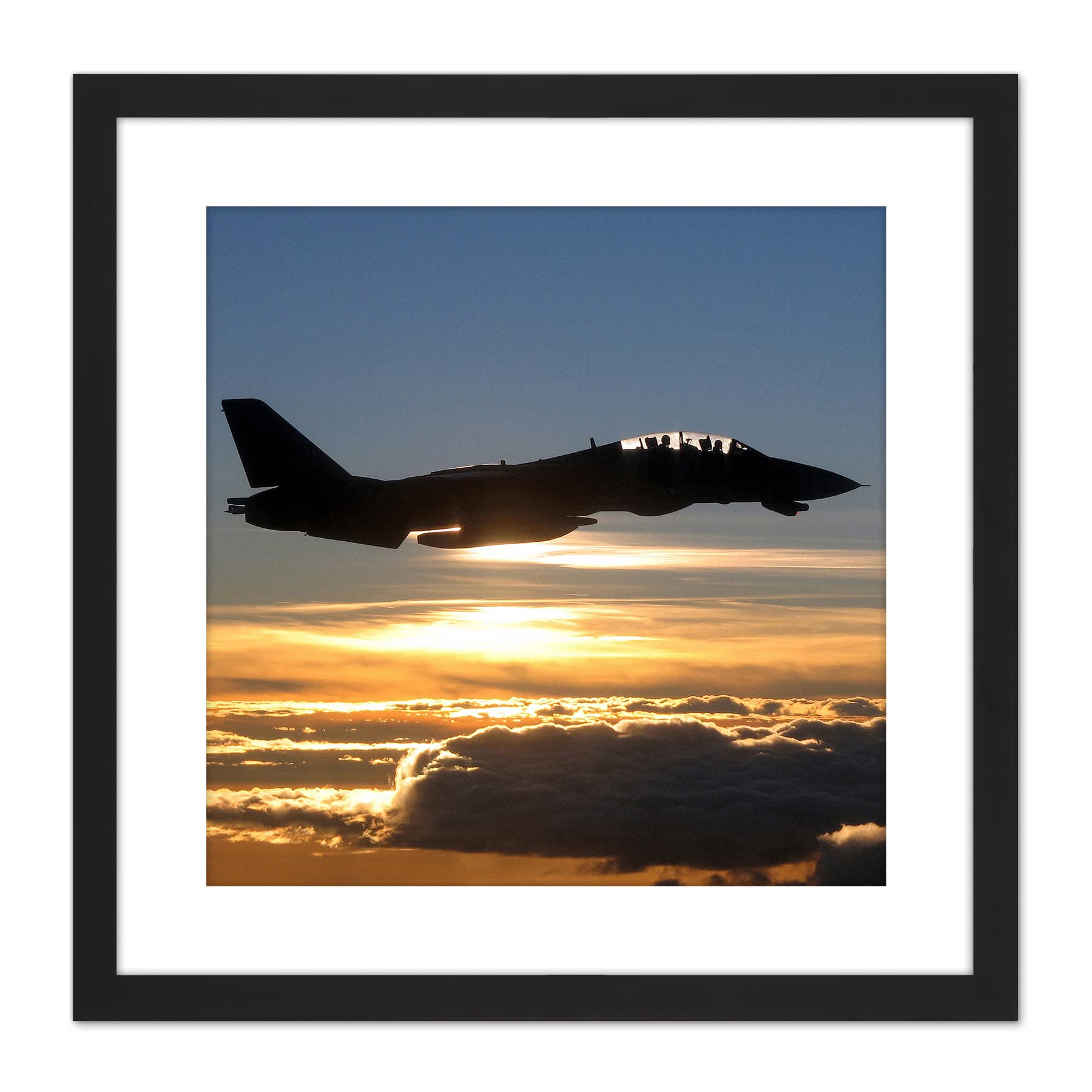 Artery8 US Navy F14D Tomcat Fighter Jet Silhouette 9X9 Inch Square Wooden Framed Wall Art Print Picture with Mount