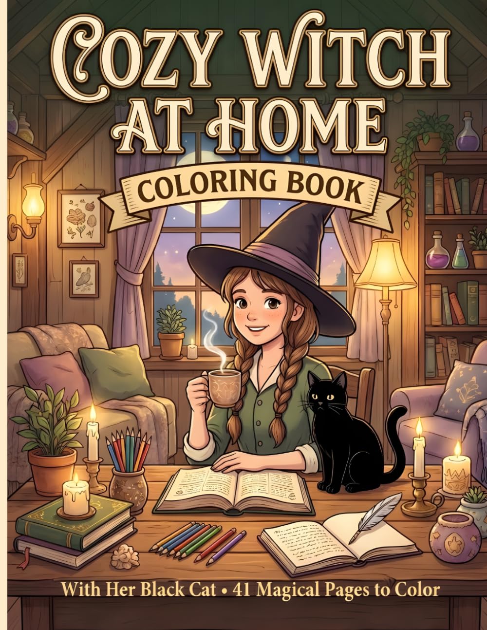 Cozy Witch at Home Coloring Book: A Cozy Fantasy Coloring Book with a Witch and Her Black Cat – 41 Magical Pages to Color (Enchanted Cozy Escapes)