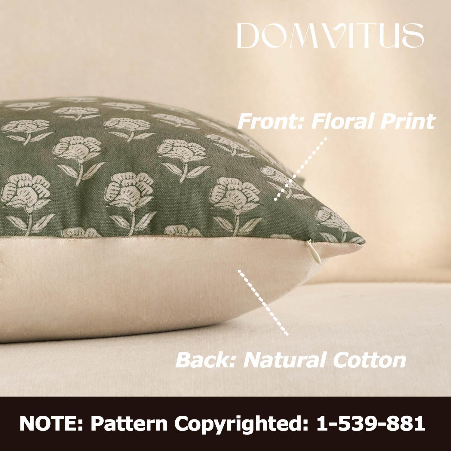 DOMVITUS Floral Pillow Covers 18x18 Throw Pillow Covers Decorative Farmhouse Block Floral Print Vintage Pillow Cover for Living Room Couch Bed, Dusty Green, 1PC - Image 2