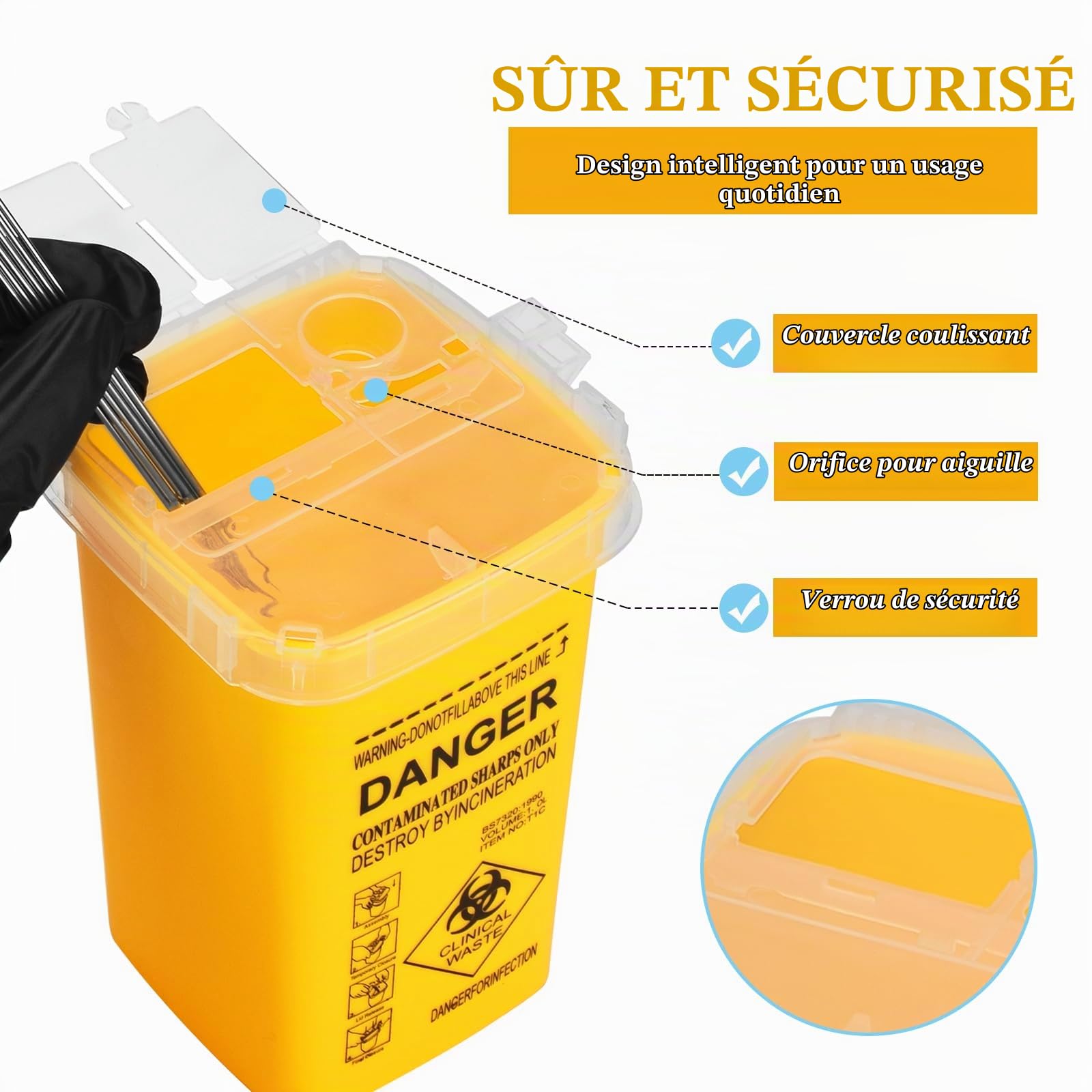 BoîTe Pointue Pour Conteneur D'Aiguilles ATOMUS 1L Tatouage En Plastique Conteneur Pointu Tatouage éLimination MéDicale BoîTe à DéChets D'Aiguille Biohazard Lock Container Tattoo Supplies (1PCJaune)