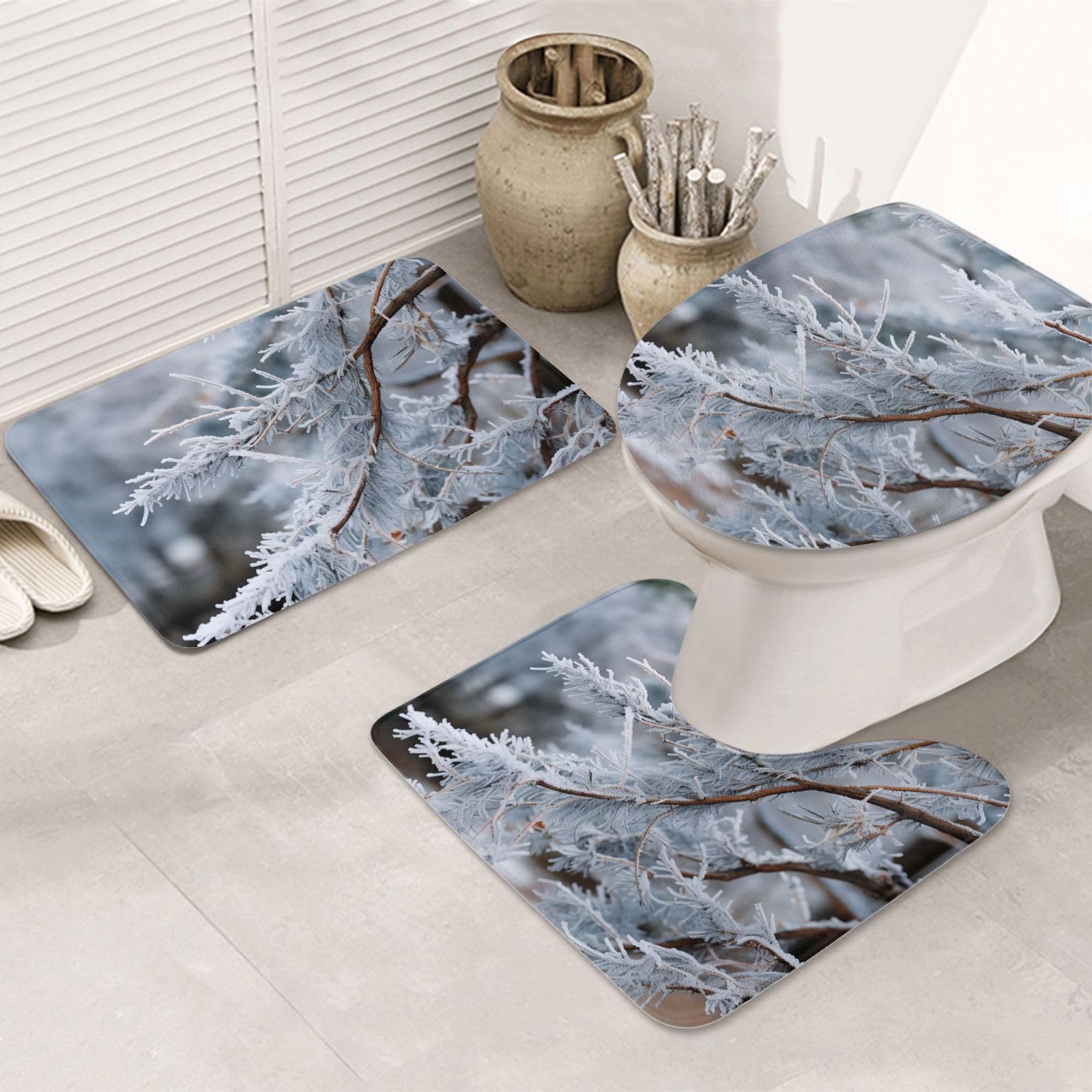 Set di 3 tappetini da bagno con motivo ramo coperto di neve, in flanella, morbido, antiscivolo, con coperchio, per decorare la casa