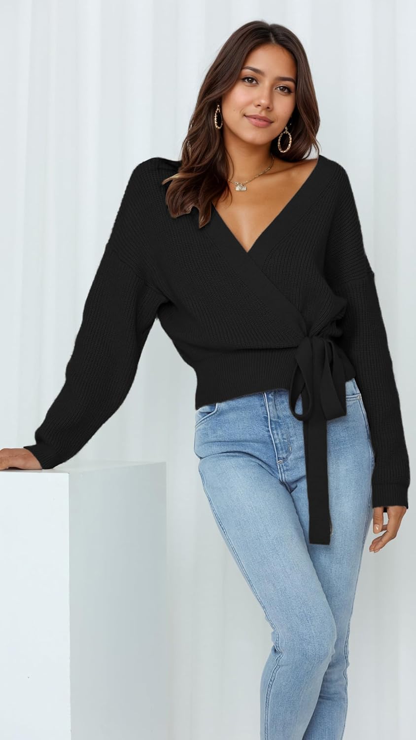 Women’s Cropped Sweater V-Neck Wrap Sweater Long Sleeve Ribbed Knit Pullover with Side Tie Valentines Day Outfit - Image 5