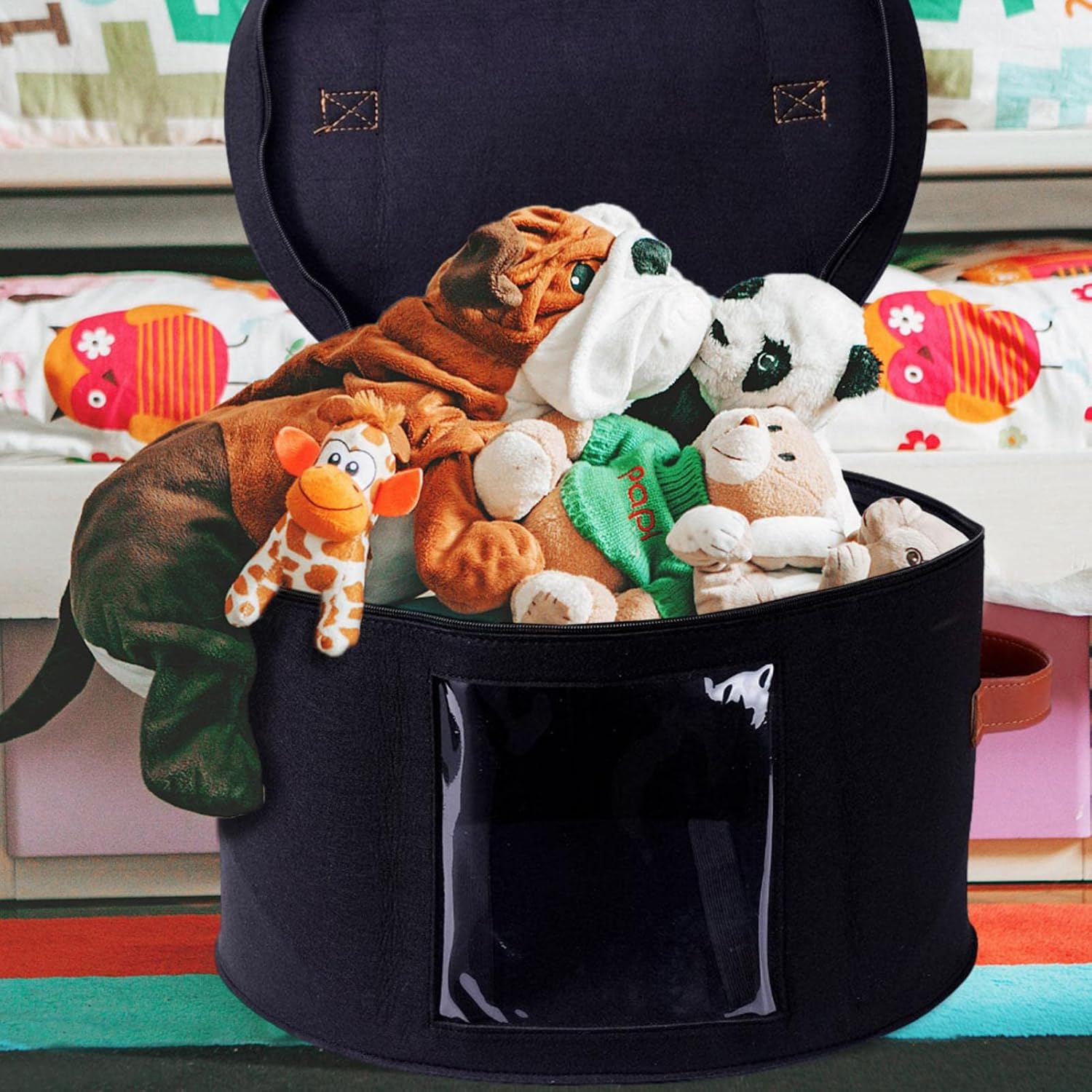 Hat Storage Box for Men and Women, Round Travel Hat Boxes, Felt Hat Storage Box with Dustproof Lid for Various Types of Hats, Hat Holder Stuffed Toy Storage Bag(B)