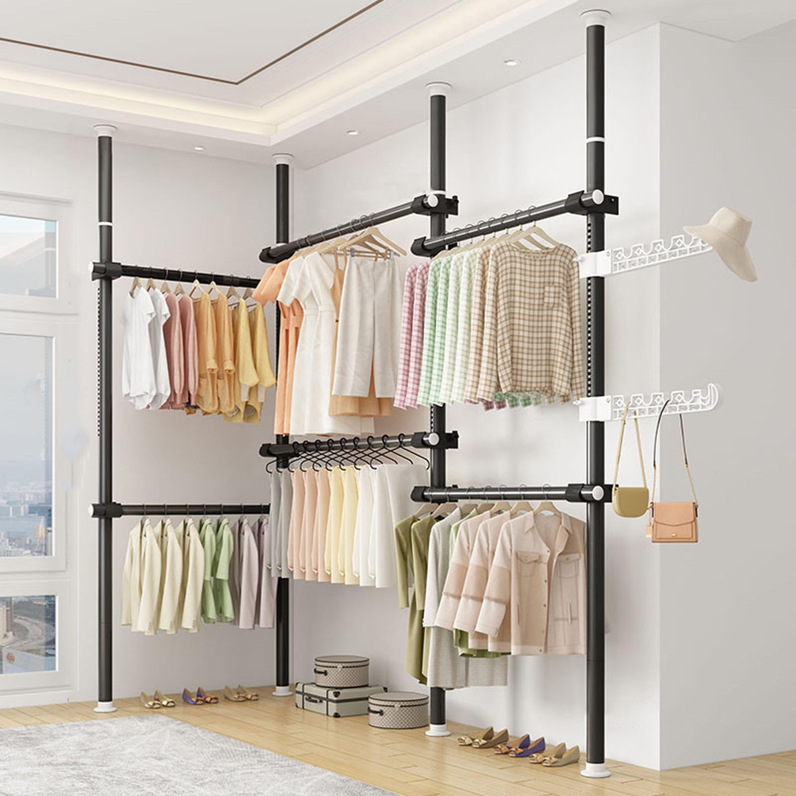 YNBSHGAA Portable Garment Rack with 4 Poles and 6 Bars, Telescopic Wardrobe Organizer, Height Adjustable Coat Hanger, Heavy Duty,Black