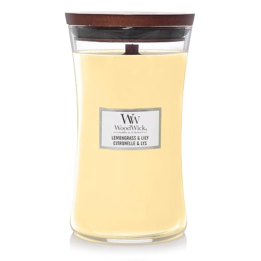 Große WoodWick Duftkerze im Sanduhrglas mit knisterndem Docht, Lemongrass & Lily, bis zu 130 Stunden Brenndauer