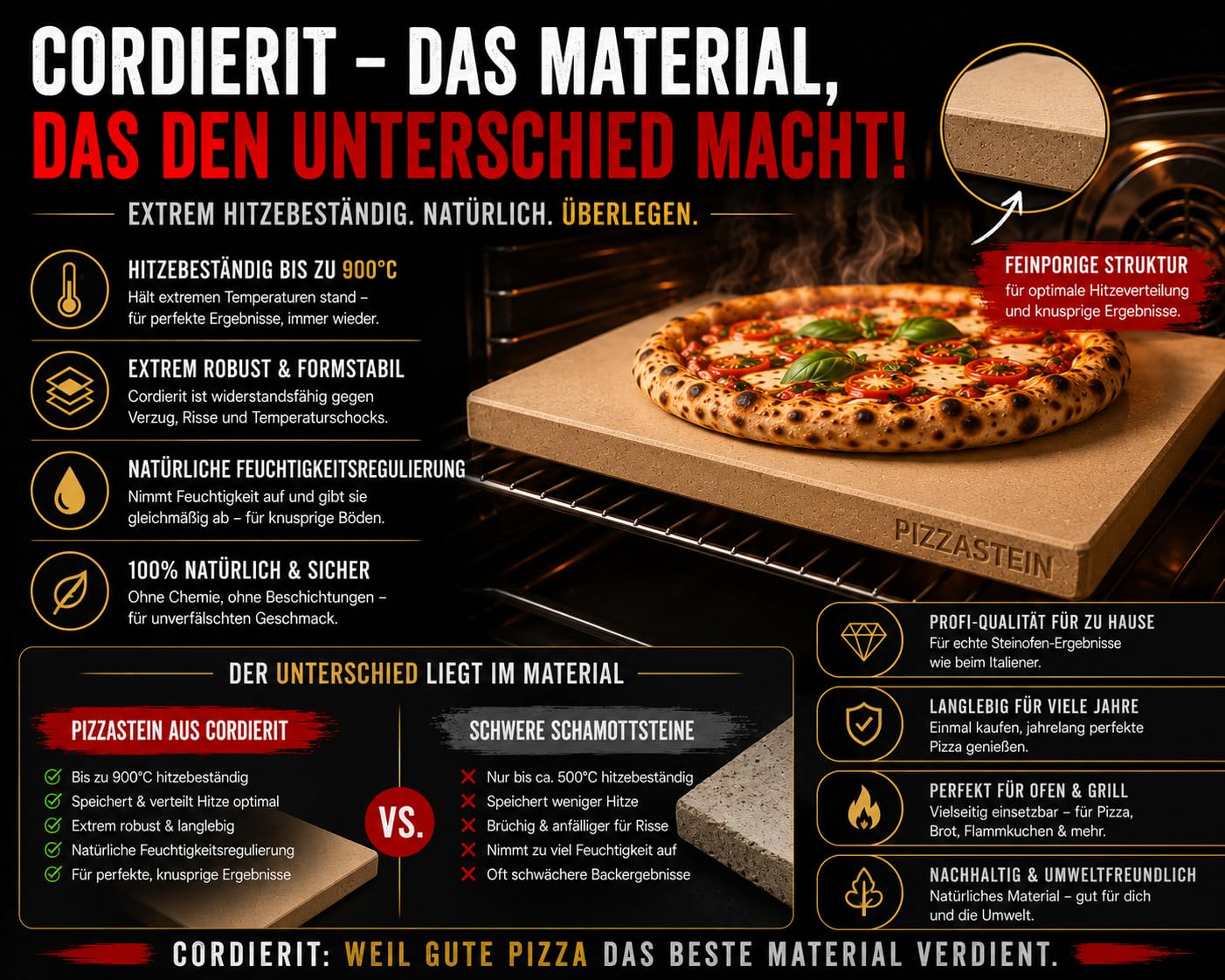 Premium Pizzastein Set für Grill & Backofen – Cordierit Pizzastein inkl. Bambus Pizzaschieber & Rezeptbuch (Rechteckig)