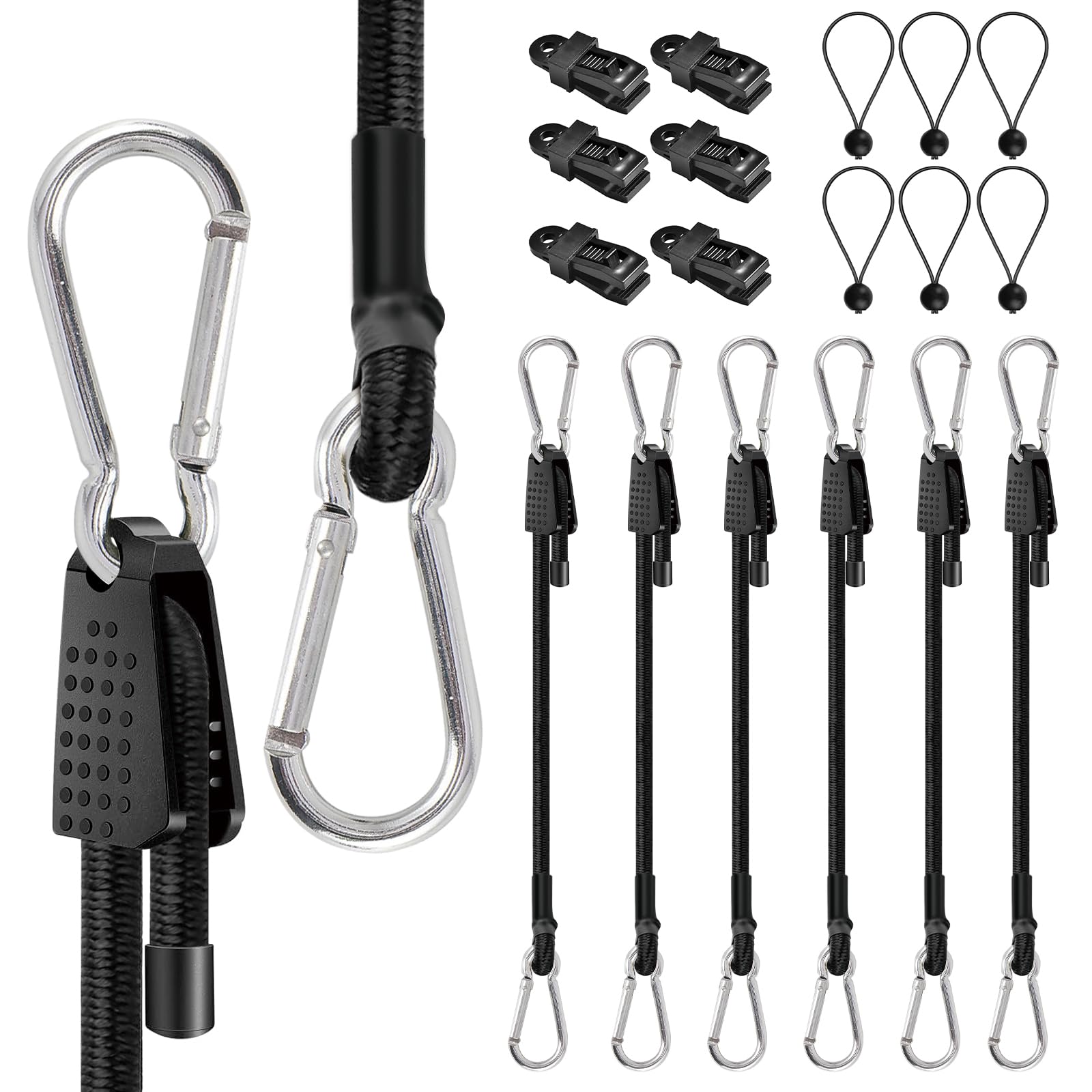 KMFYMPT Spanngummi mit Karabiner, 18-Teilige Packung Expander mit Karabiner, 100cm Spannseile für Sonnensegel, Wird mit Planenclips und Kurzem 