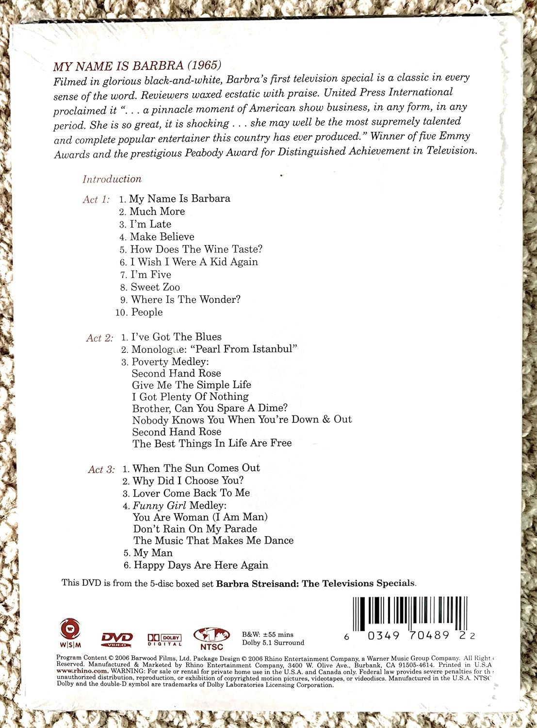 TeknoFilm - (DVD NTSC + Poster) – BARBRA STREISAND: MY NAME IS BARBRA (The televisions specials 1965) - WARNER MUSIC