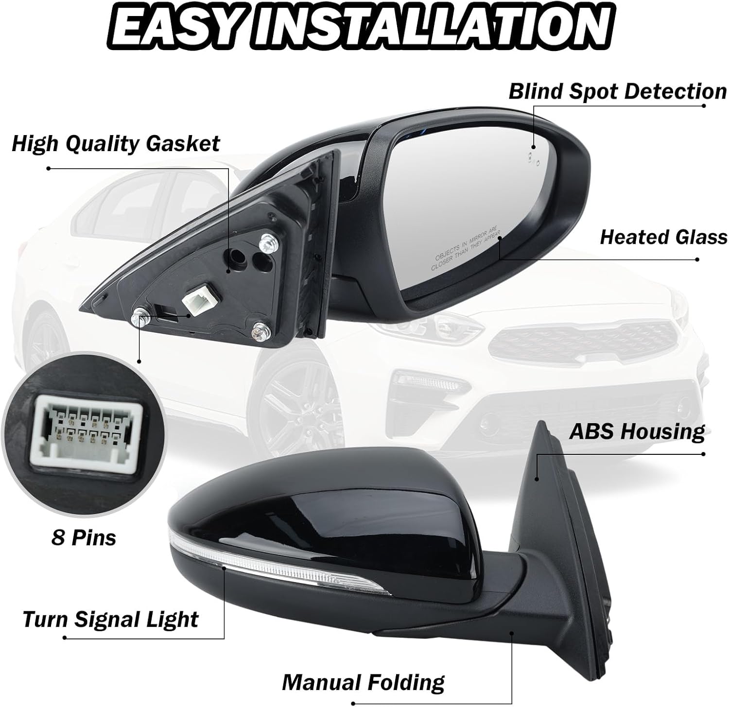 Right Passenger Side Mirror Fits 2019 2020 2021 2022 2023 KIA Forte Mirrors with Power Glass Heated Turn Signal Blind Spot Detection Manual Folding Black (8Pins)