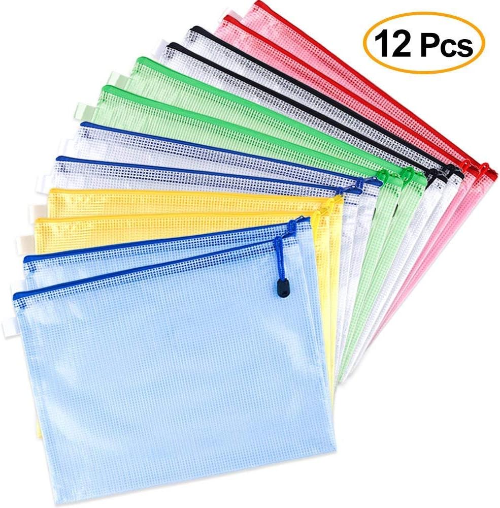 12 Pcs A4 Zip File Bag Mesh Document Bag,HanDingSM Folder Plastic Pockets for Office School File Storage Paper Organization