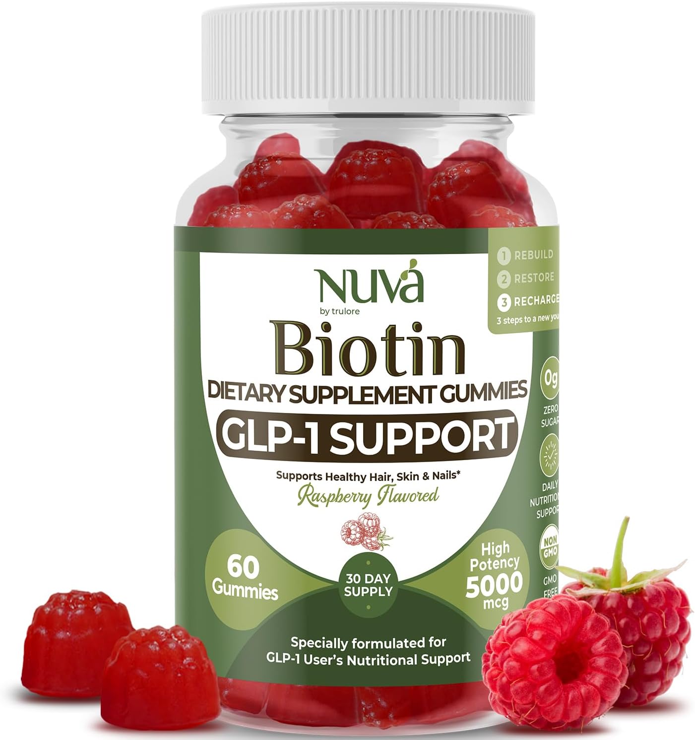 NuVa by Trulore Biotin Gummies 5000 mcg | GLP-1 Support for Hair Growth, Skin & Nails | Zero Sugar, Vegan Gummy Vitamins for Men & Women | Raspberry Flavor | 60 Gummies – 30 Day Supply