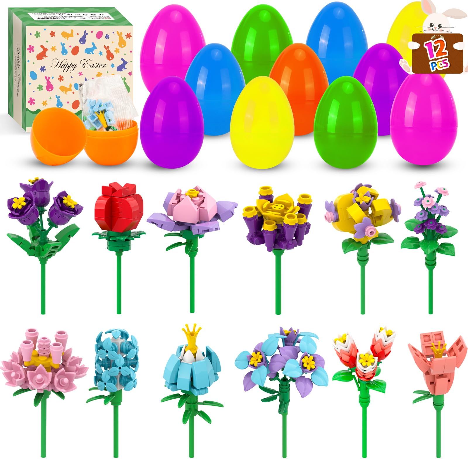 Ostergeschenke Kinder, 12 Stück Ostereier zum Befüllen mit Bausteinen für Blume, Plastik Ostereier Ideal für Osterkörbchen, Deko für Party & Klassenzimmer Perfekte Osteranreize für Jungen und Mädchen
