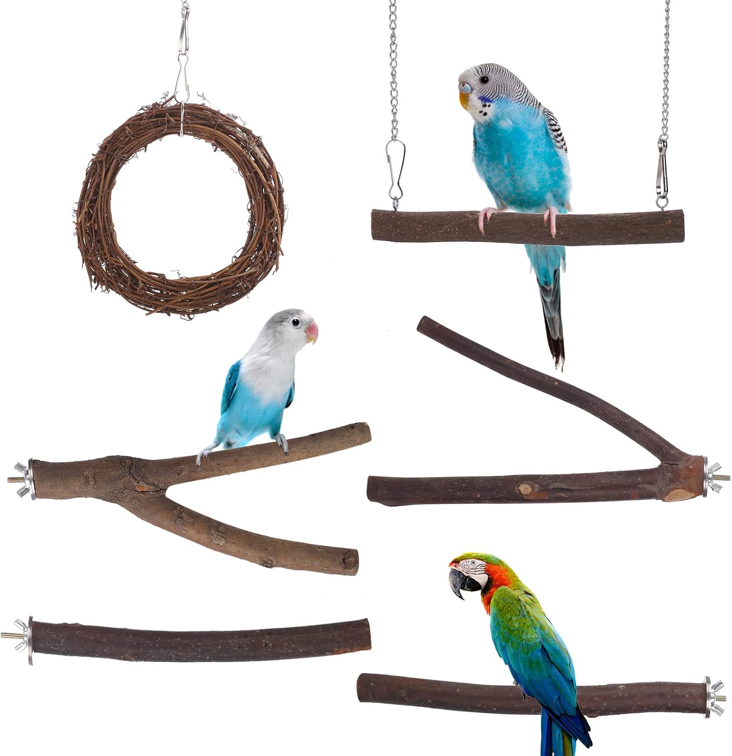 6 Pack Natural Wood Bird Perch Stand Set, Parrot Hammock Wooden Cage Stands Rattan Circle Bird Swing Toy Cage Accessories for Budgies…
