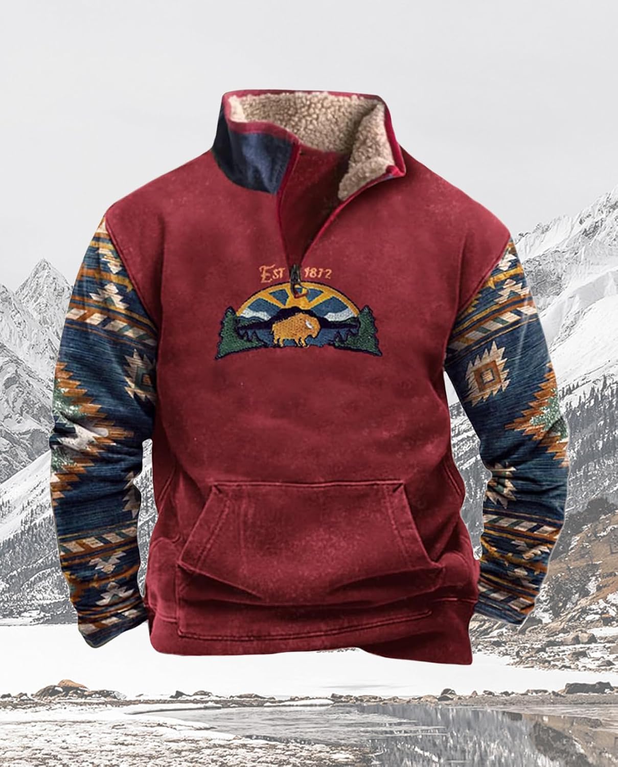 Western Sweatshirts for Men Aztec Cowboy Vintage Graphic Fleece Hoodie Mens Quarter Zip Pullover Country Jacket - Image 3