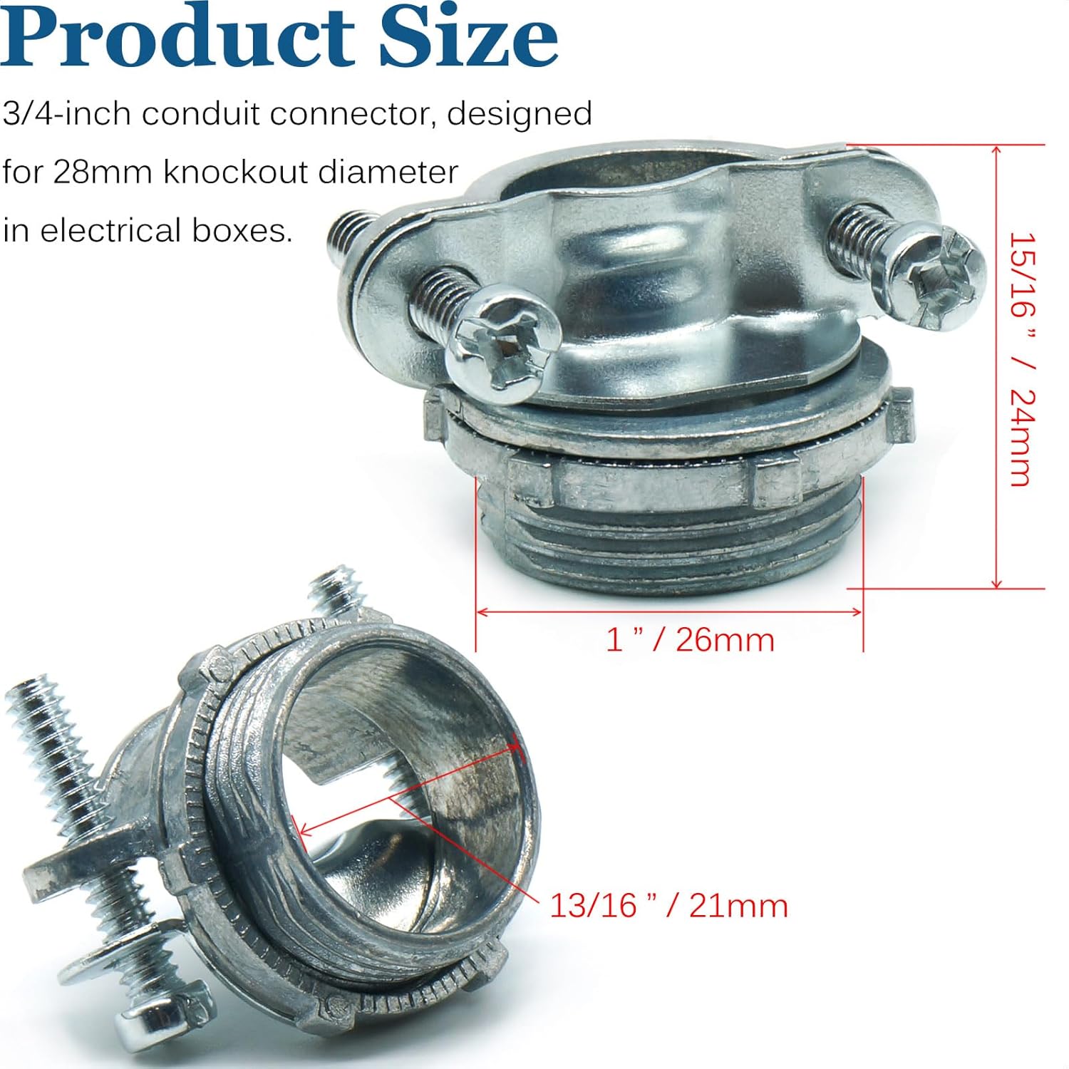 10 Pcs 3/4 inch Clamp Type Cable Connectors, Zinc Alloy Cable Clamps Electrical Connectors for Junction Boxes, Fits NM Cable, Metallic Conduit & Electric Wires, Secure Wire Protection